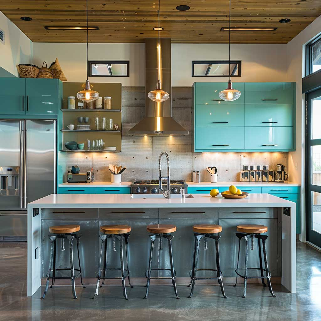 19+ Two Tone Kitchen Cabinets Ideas That Elevate Industrial Chic • Artfasad for Inside a Dream: How Unexpected Blue Cabinets Elevate a Kitchen with Storage and Stunning Vistas