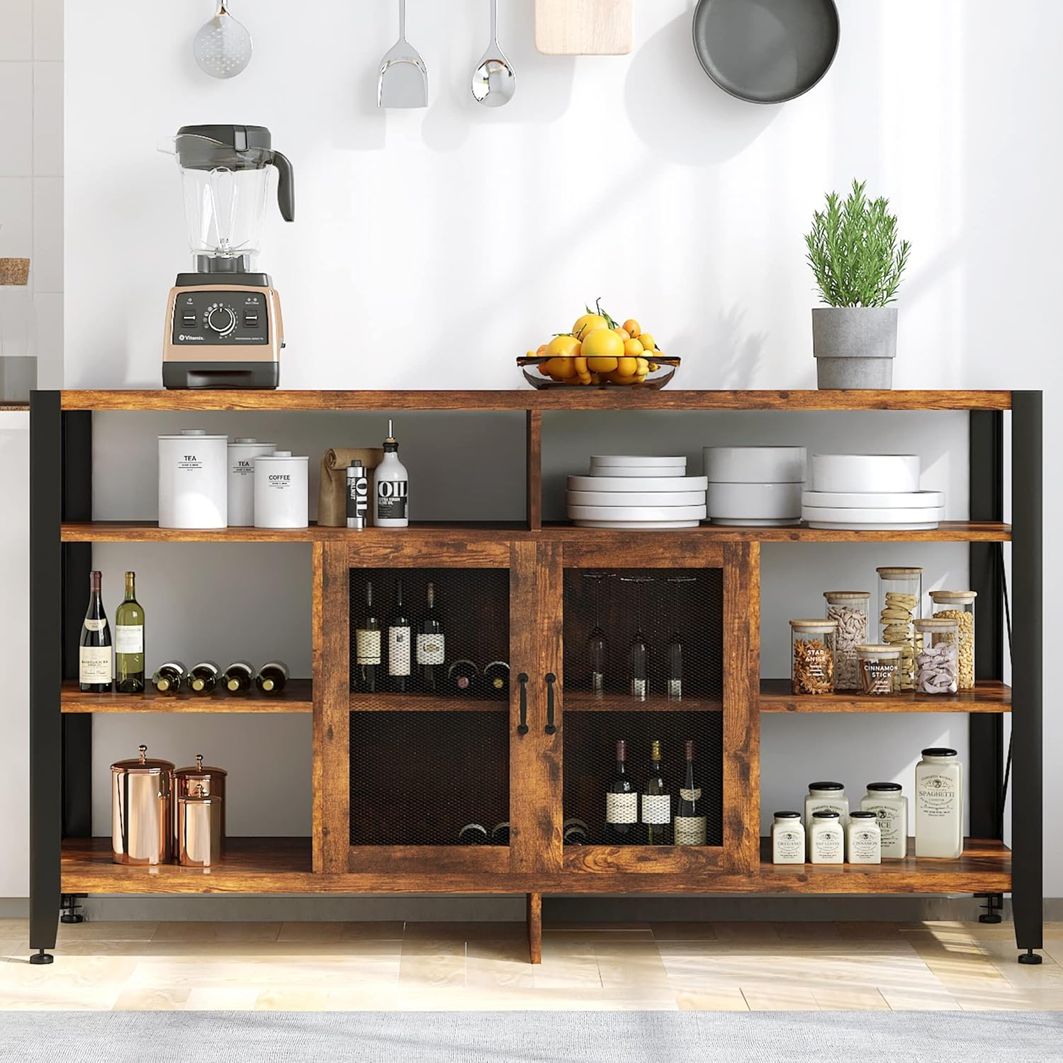 Amazon.com: Homfamilia Wine Bar Cabinet, 60" Farmhouse Sideboard Buffet ... within