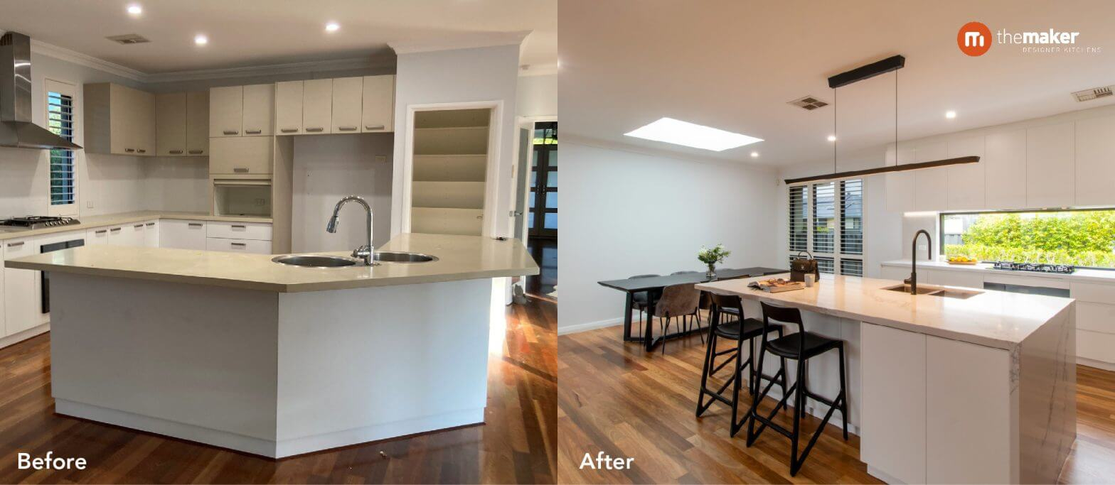 Before &amp; Afters Of Our Kitchen Transformations | The Maker Designer ... throughout Lnc Delia 7-Light Matte Black Modern Linear Kitchen Island Light, 2-Tier