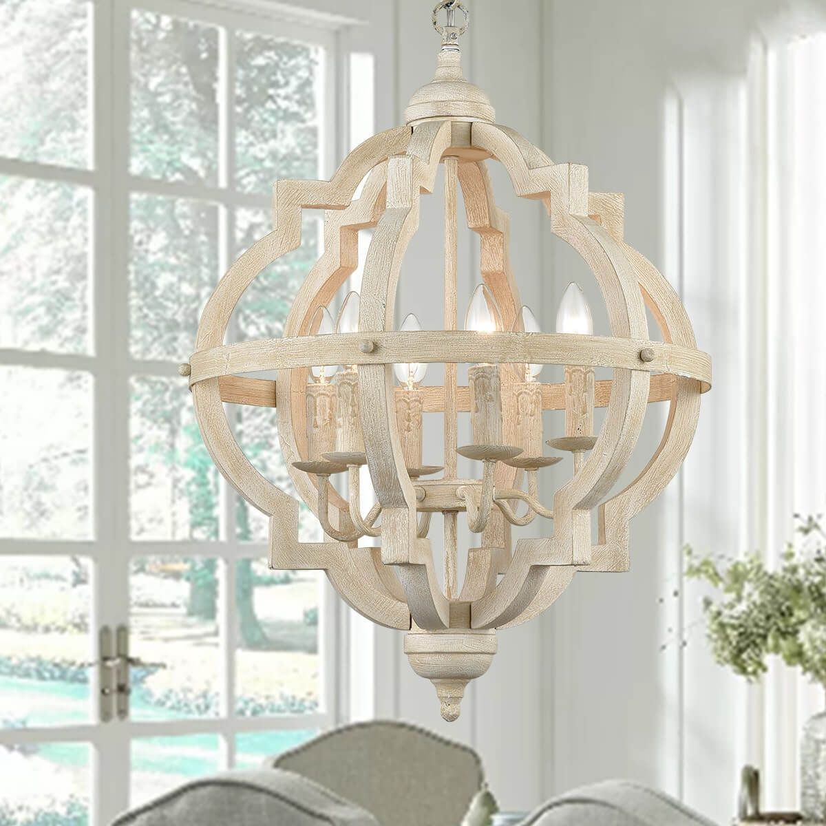 Distressed Off-White Wooden Sphere Chandelier - 6 Lights | Claxy regarding Understanding Distressed Finishes The Nuances of Coastal Wood Chandeliers for Kitchen Islands