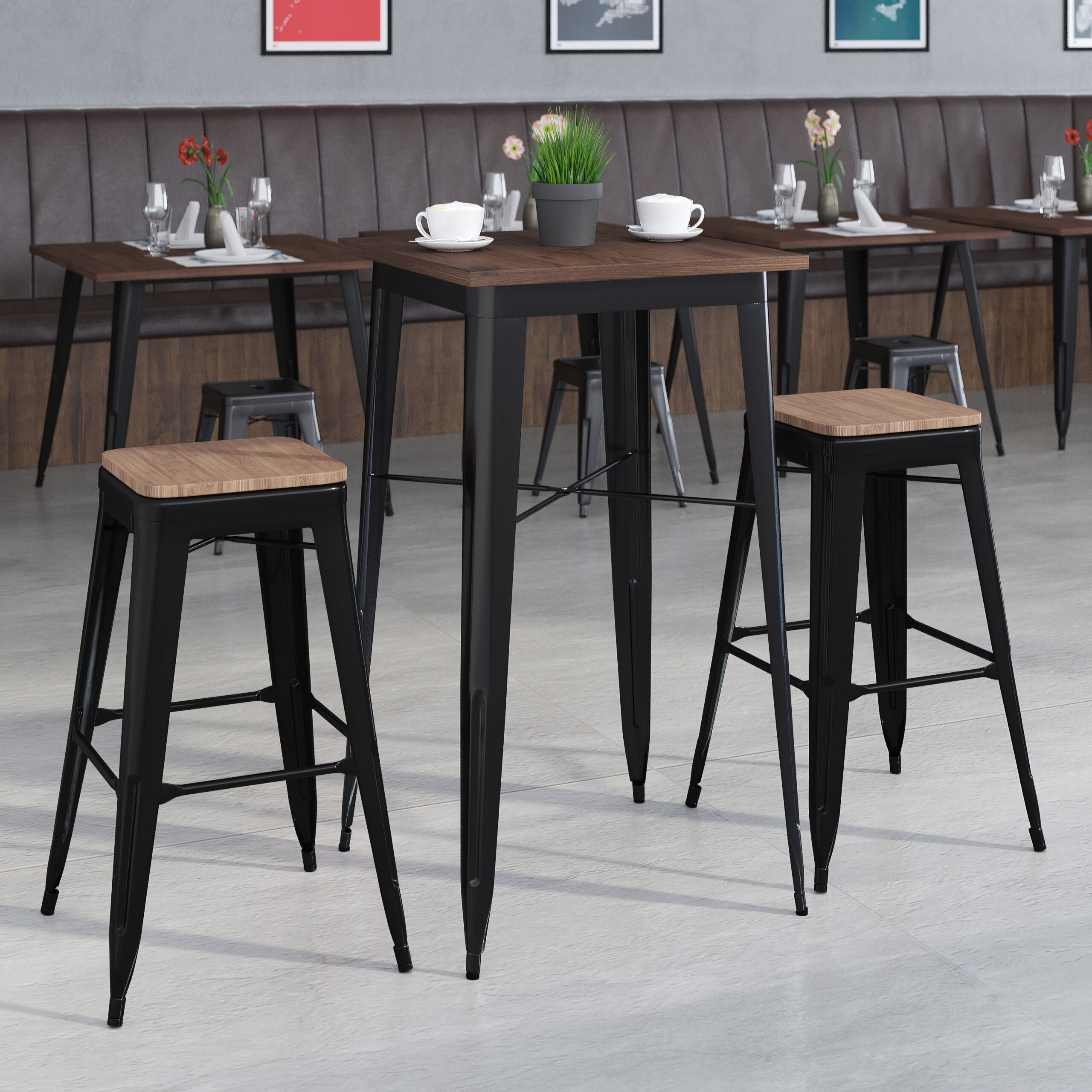 Emma + Oliver 23.5" Square Black Metal/Wood Bar Table Set - 2 Backless ... in Designing Social Spaces The Versatility of a 41-Inch Metal and Wood Bar Table
