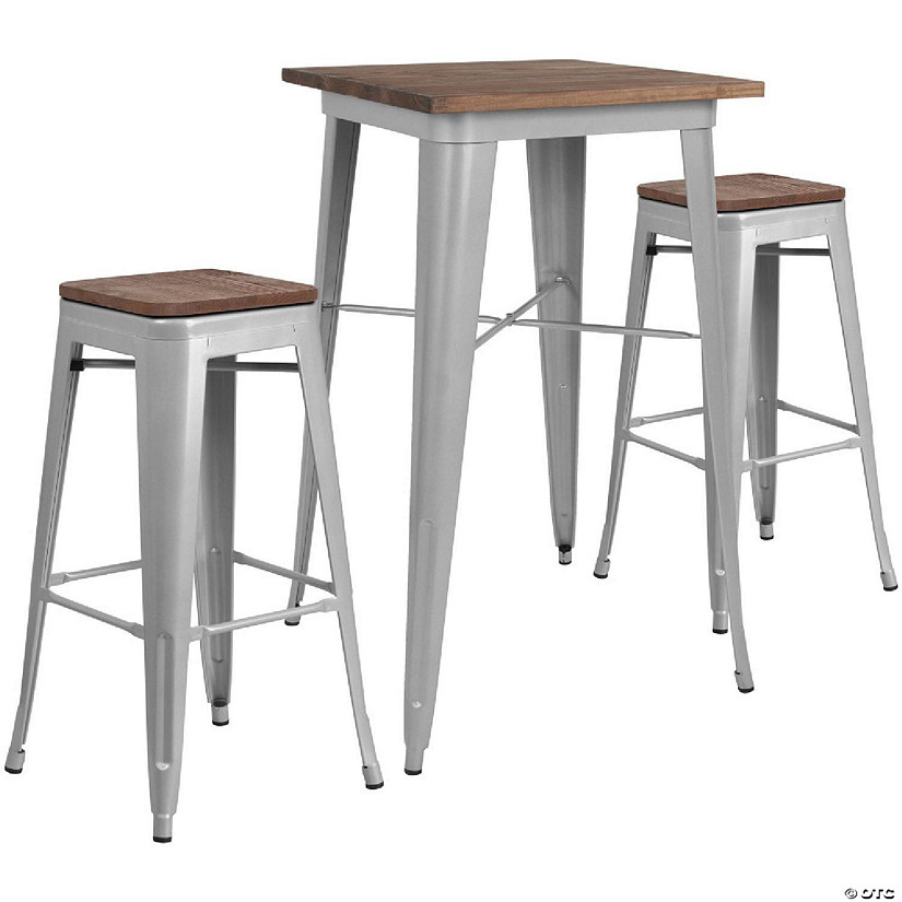 Emma + Oliver 23.5" Square Silver Metal/Wood Bar Table Set - 2 Backless ... with