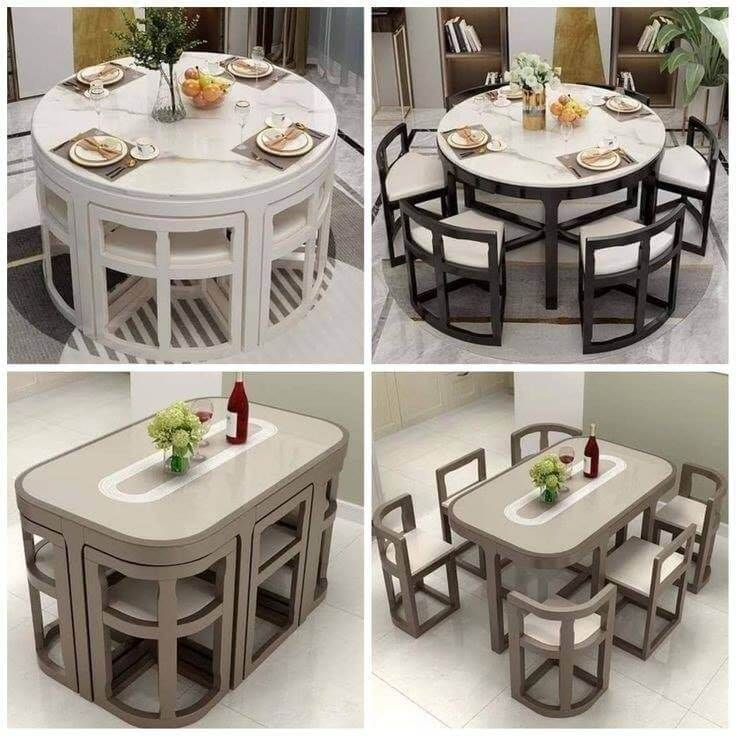 Four Different Views Of A Dining Table And Chairs With Plates On The ... pertaining to 9 Ways To Fit A Table Into A Cozy Kitchen