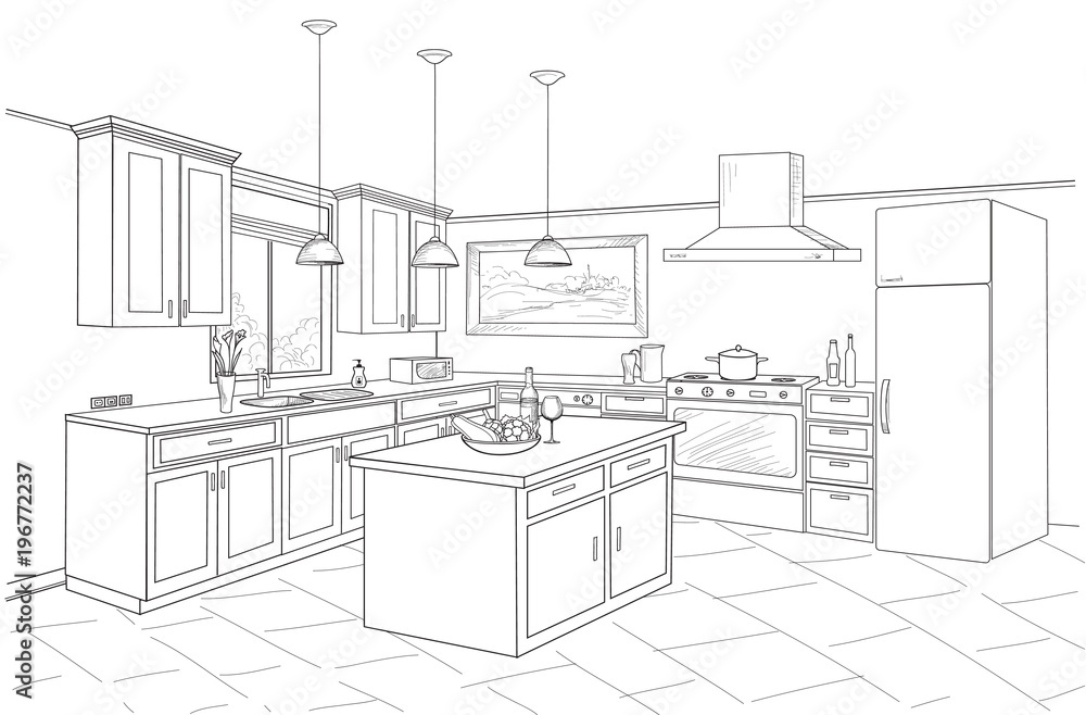 Interior Sketch Of Kitchen Room. Outline Blueprint Design Of Kitchen ... regarding Beyond the Blueprint Practical Wisdom for Surviving Your Kitchen Update