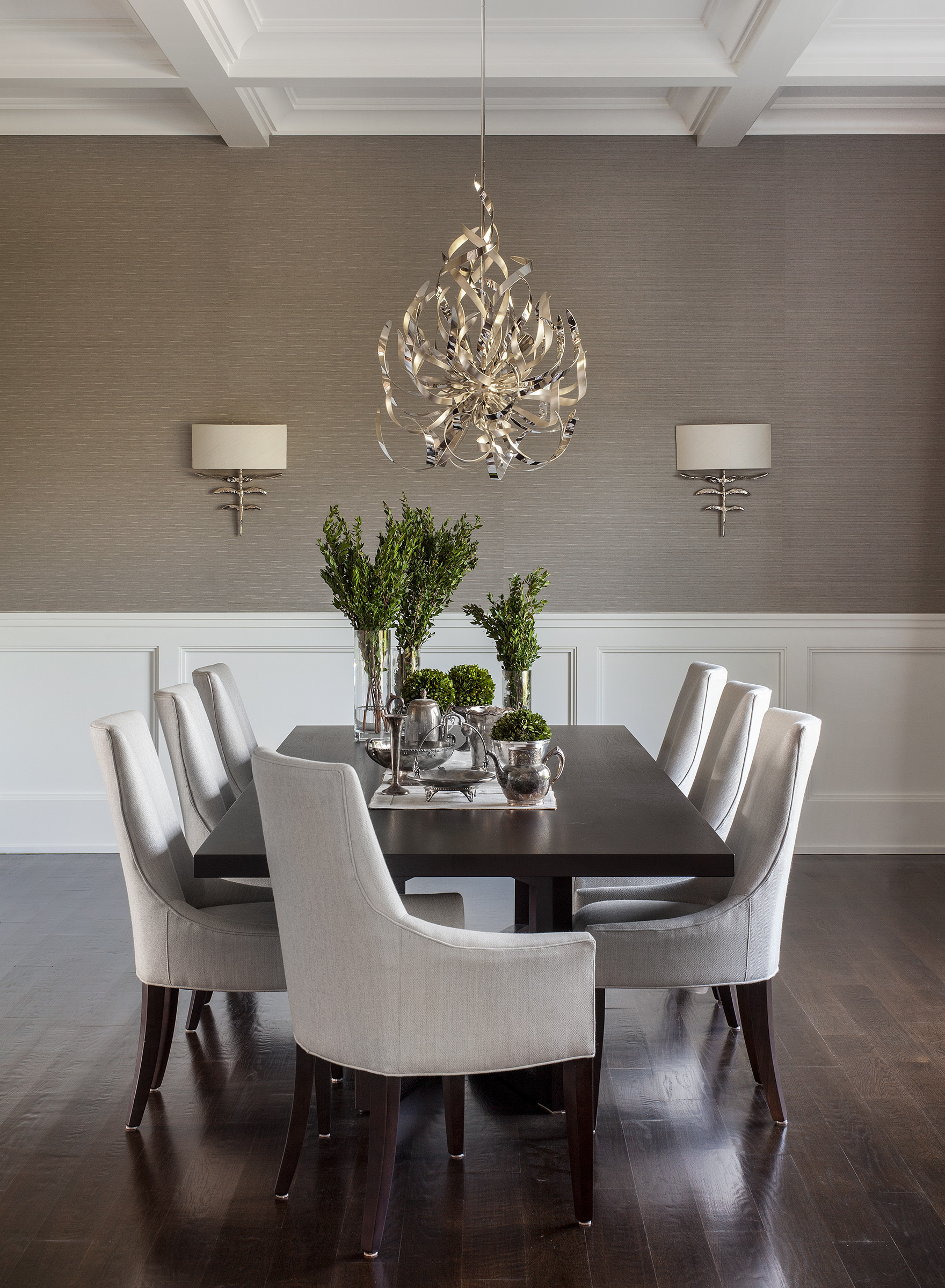 Styling Your Dining Room with Grey Fabric and Dark Brown Wood