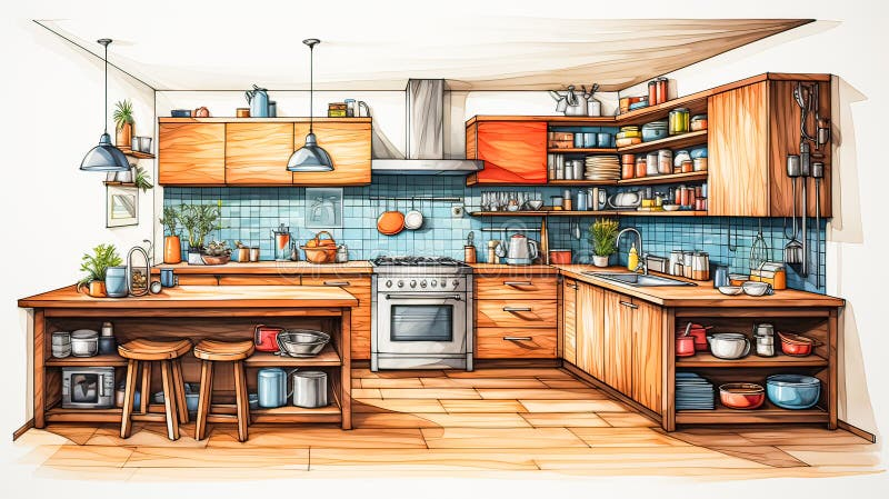 Watercolor Art Portrays A Tastefully Designed Kitchen, A Harmonious ... inside