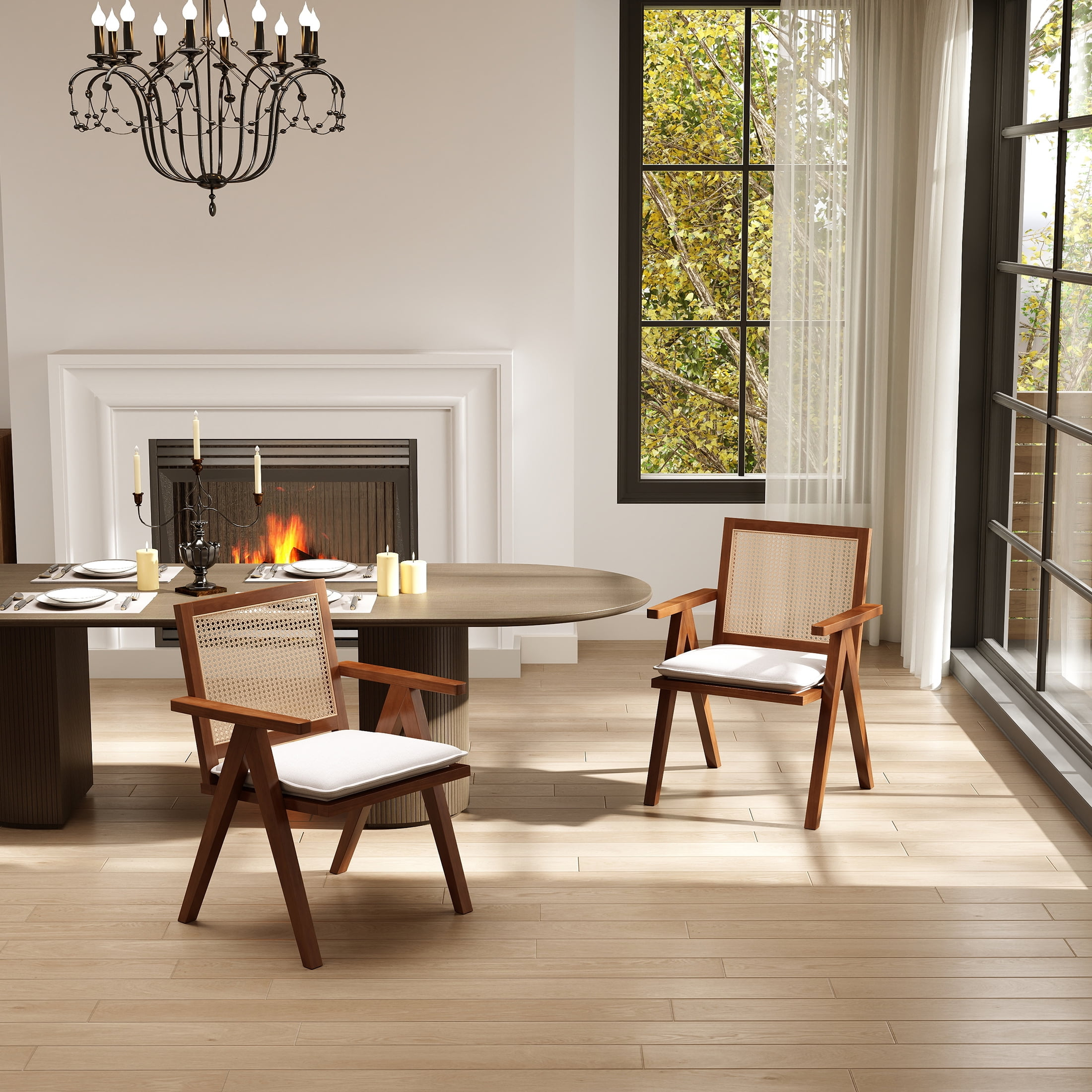 Guyou 2-Piece Natural Rattan Dining Chair Set, Wooden Arm Mid-Century ... inside Iain Dining Chair Set Of 2 Natural