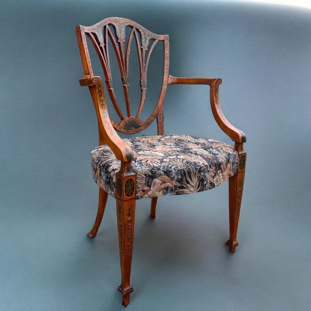 A Fine Quality Sheraton Revival Painted Satinwood Armchair for Sheraton's Satinwood Armchair