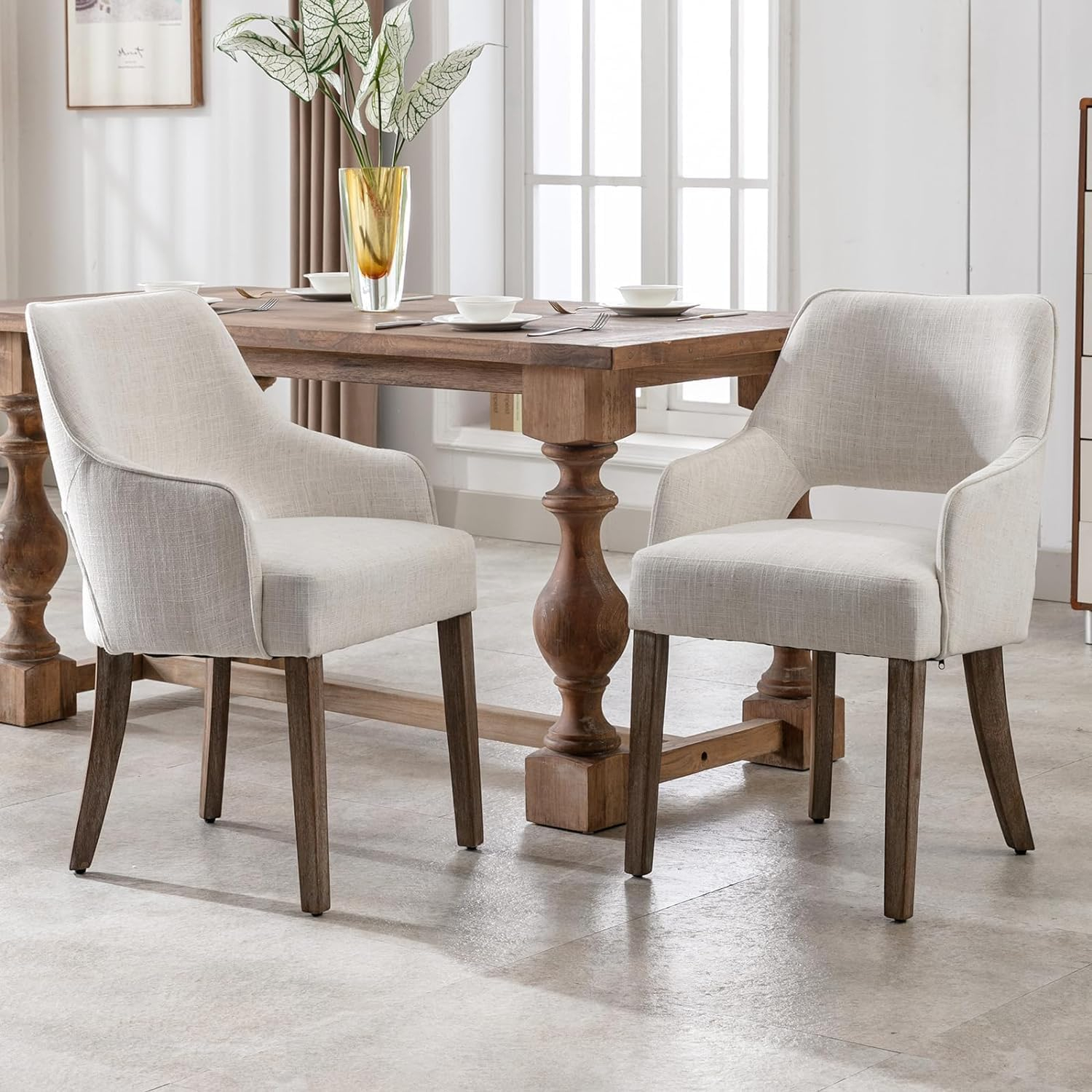 Amazon.com: Kmax Linen Fabric Dining Chairs Set Of 2 Upholstered Side ... intended for Making Sense of Sondra Oatmeal Performance Fabric Upholstered Club Dining Chair Selection Process