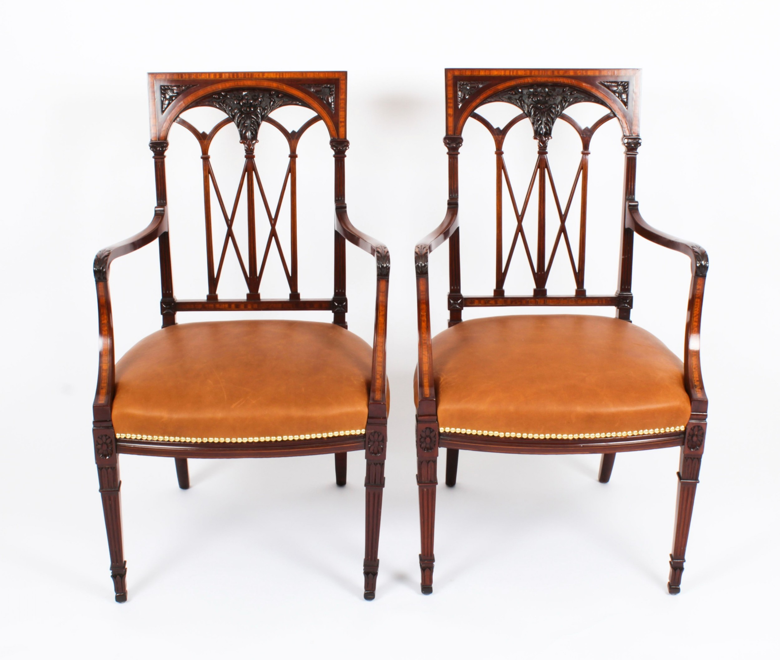Antique Pair Sheraton Revival Satinwood Banded Arm Chairs 19Th Century for Sheraton's Satinwood Armchair