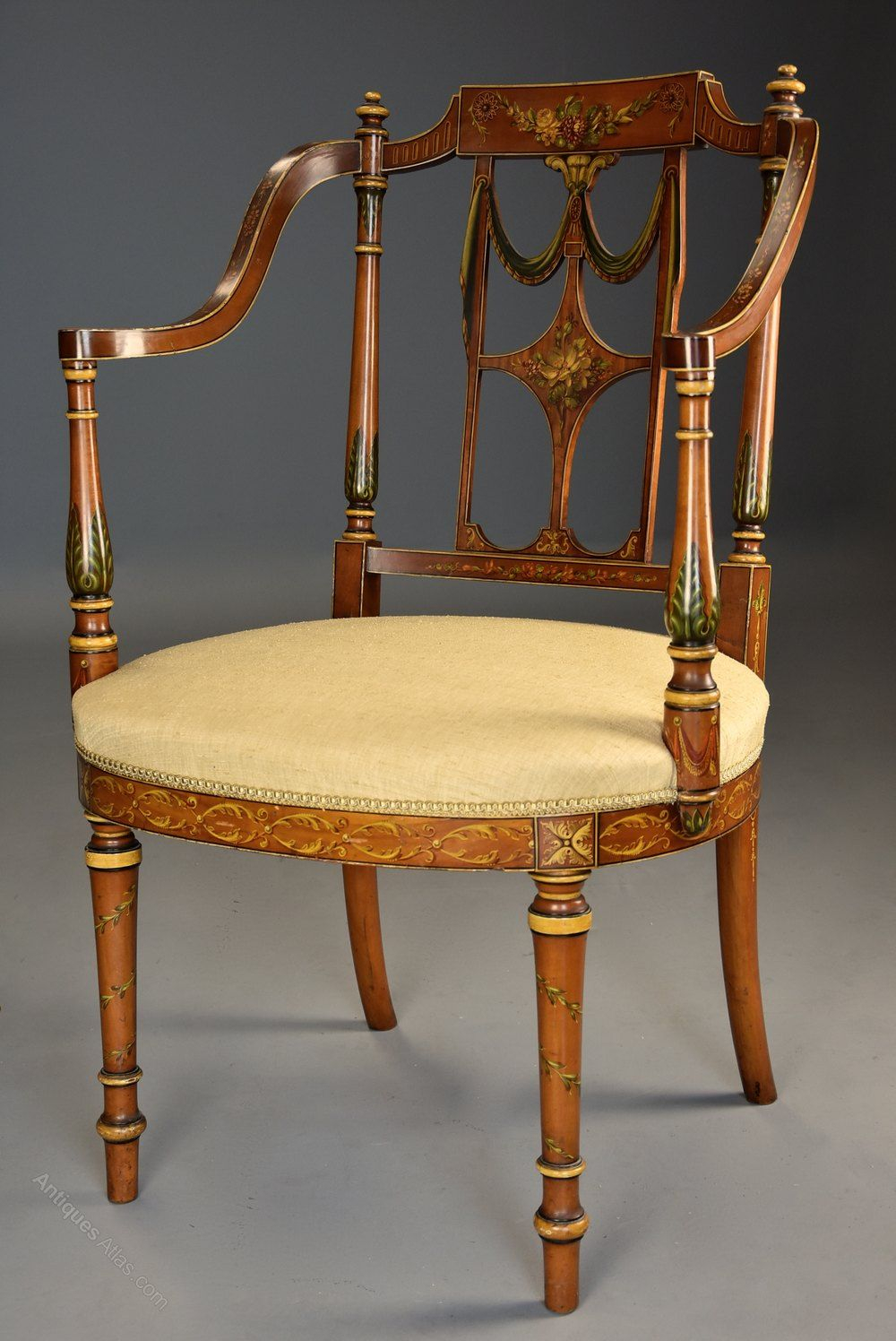 Fine Sheraton Revival Satinwood &amp; Painted Armchair | Period Furniture ... inside How Sheraton's Satinwood Armchair Defined Georgian Elegance