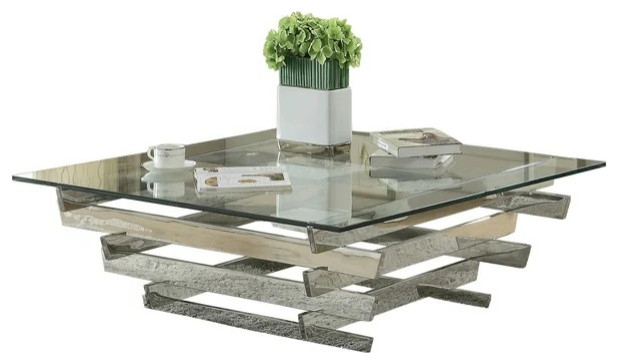Unique Silver Coffee Table With Square Glass Top And Asymmetrical Metal ... with Chunk Square Silver Coffee Table